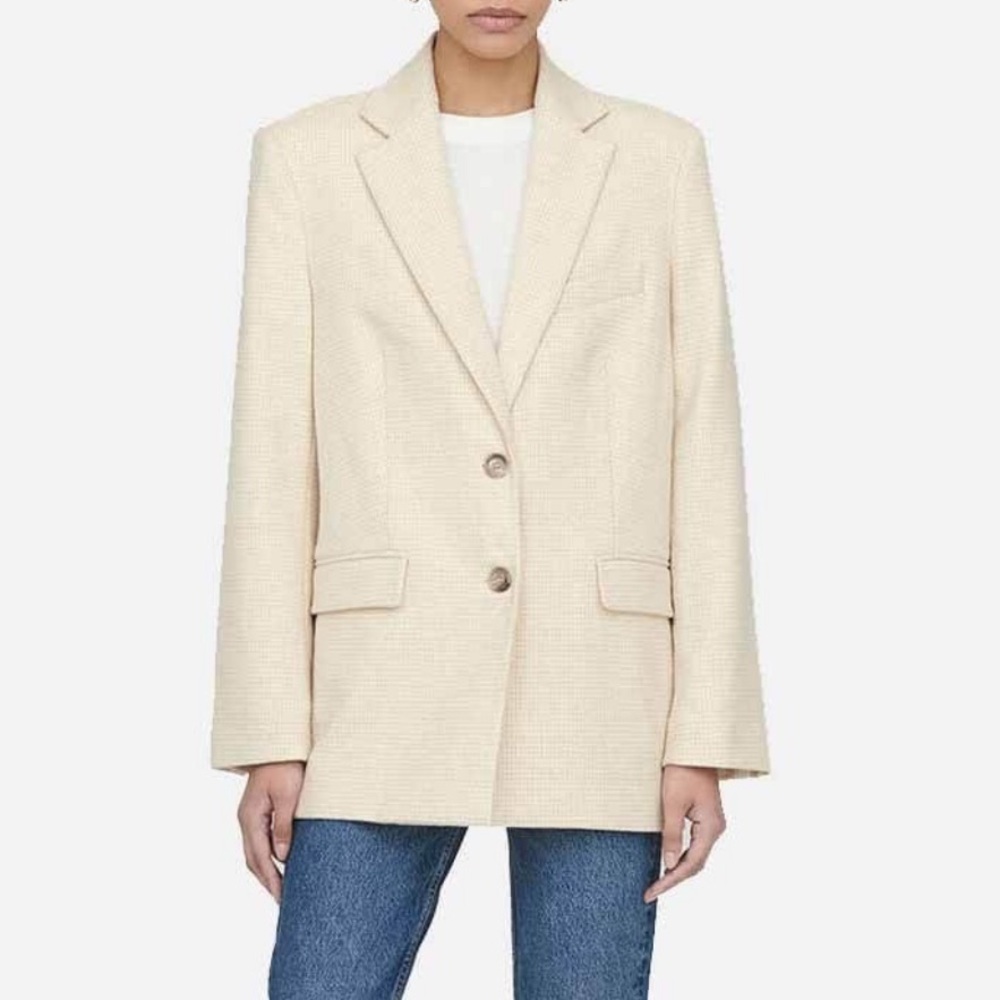 Anine Bing Revolve Sonora Houndstooth Wool Blazer Buttercream